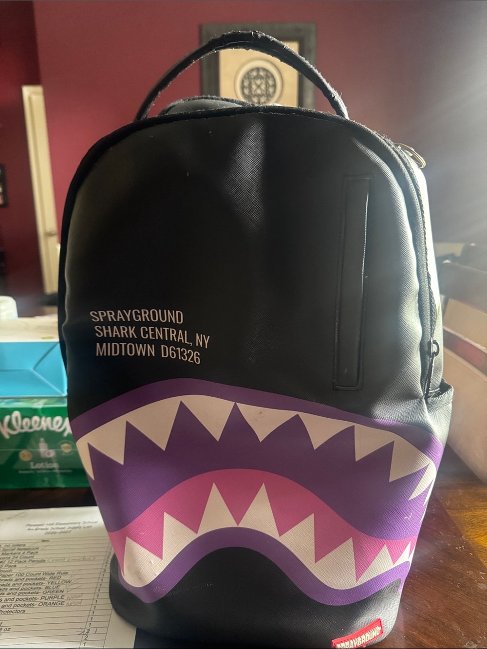 Sprayground Black Backpack with Purple & Pink Shark Graphic